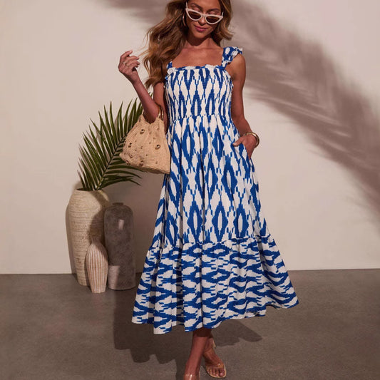 Women Clothing Summer Dress Printed Sexy Square Neck Cinched Pleated Suspender Large Swing Dress Blue and White Pattern