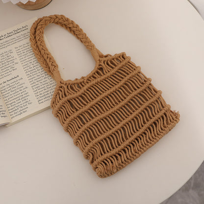 Fresh Hollow Out Cutout Cotton Thread Woven Bag Summer Idle Mesh Straw Bag Women Bag Seaside Vacation Beach Bag One Size Xiaolanghua Coffee