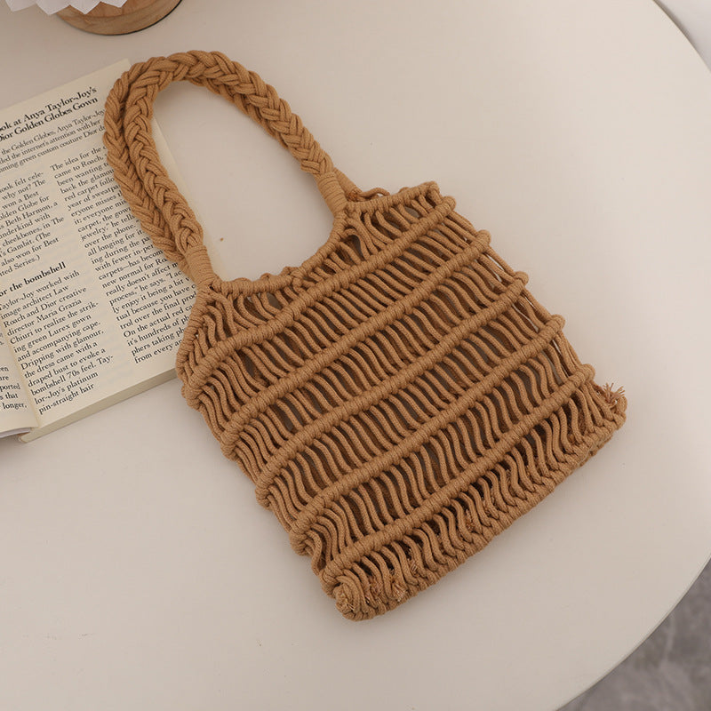 Fresh Hollow Out Cutout Cotton Thread Woven Bag Summer Idle Mesh Straw Bag Women Bag Seaside Vacation Beach Bag One Size Xiaolanghua Coffee