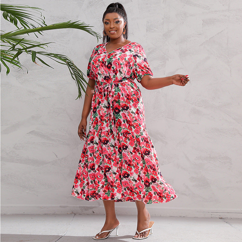 Super Fairy V neck Floral Print Dress Seaside Holiday Beach Loose Waist Long Dress Red