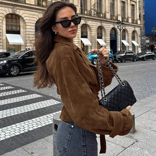 French Suede Collar Casual Double Breasted Coat Fall Winter Brushed Velvet Coat