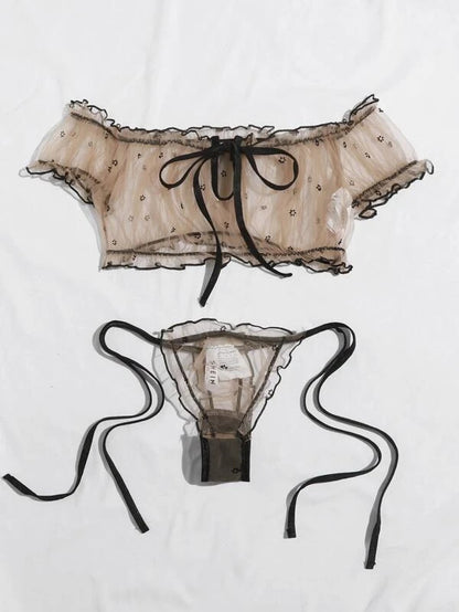 Brown Printed Sexy Lingerie Mesh Floral Print Black Lace Emotional Strap Sexy Sleepwear Brown
