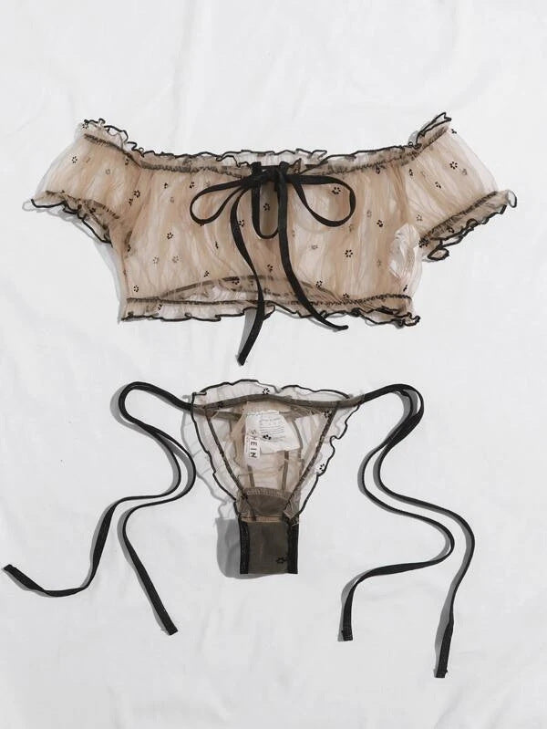 Brown Printed Sexy Lingerie Mesh Floral Print Black Lace Emotional Strap Sexy Sleepwear Brown