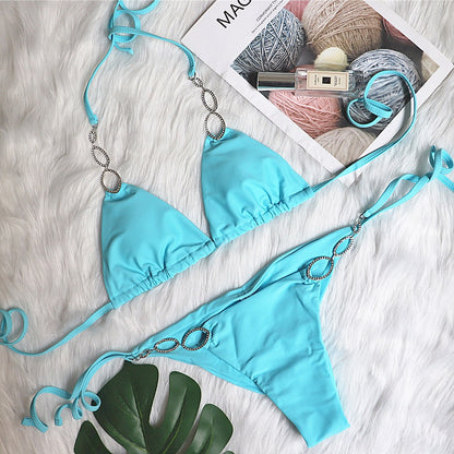 Bikini Sexy Metal Accessories Rhinestone Women Split Swimsuit Plain Bandage Swimsuit skyblue