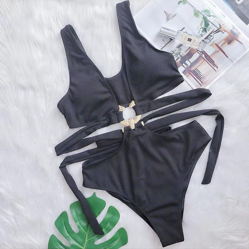 Bikini Sexy Deep V Plunge neck Metal Strap Women Swimsuit High Waist Bathing Suit Black