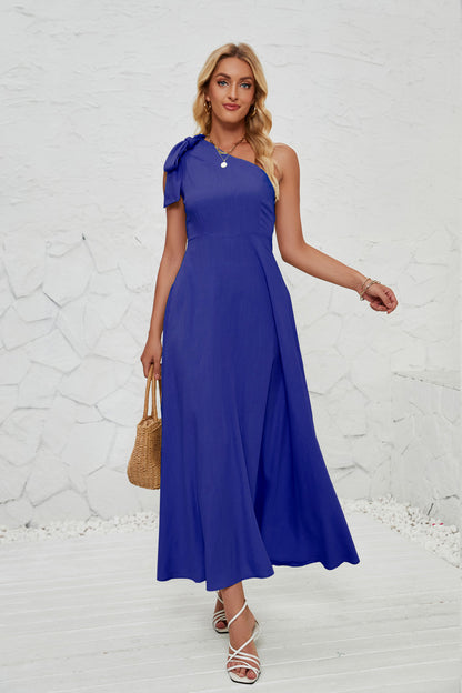 Summer Women Clothing Graceful Fashionable Solid Color One Shoulder Long Beach Party Dress Oblique Shoulder Bow Women Navy Blue