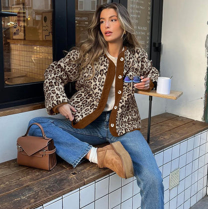 Women Clothing Autumn Polar Fleece Leopard Print Loose Lamb Cashmere Warm Coat