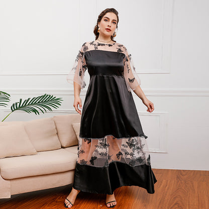 Plus Size French Royal Mesh Stitching Lace Girls Wearable Mid-Length Dress Ogen Mesh Banquet Dress Black