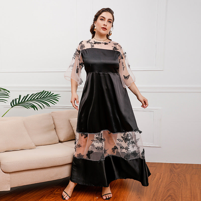 Plus Size French Royal Mesh Stitching Lace Girls Wearable Mid-Length Dress Ogen Mesh Banquet Dress Black