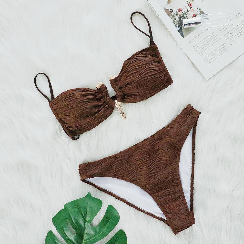 Women Swimsuit Bikini Sexy Special Texture Fabric Bikini Women Split Swimsuit Coffee