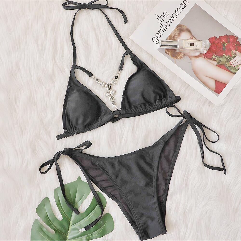 New Swimsuit Sexy Hollow Out Cutout Vintage Crystal Diamond Bikini Strap Women Swimsuit Black