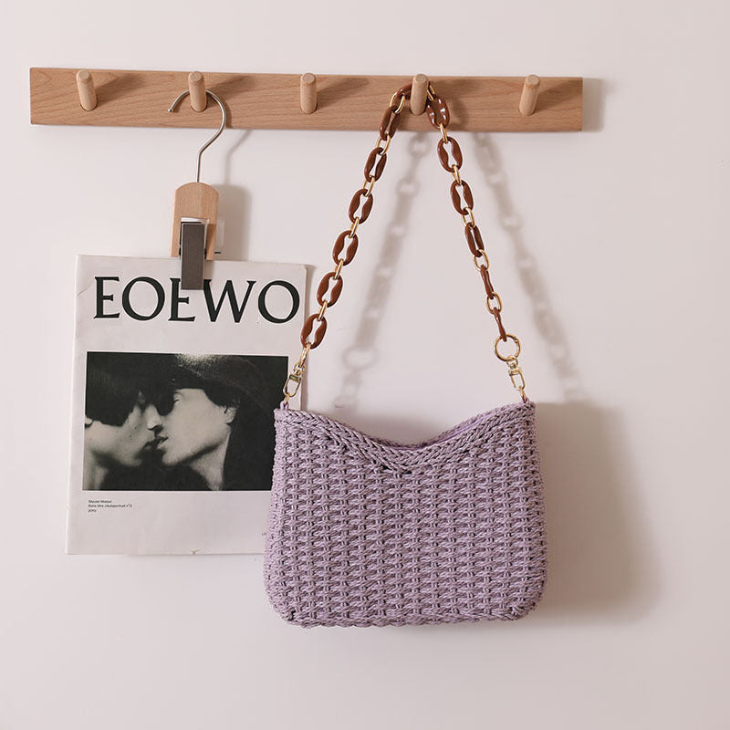Fresh Purple Straw Bag Woven Bag Women Bag Shoulder Solid Color Straw Bag Seaside Vacation Beach Bag One Size New Year Crescent Purple