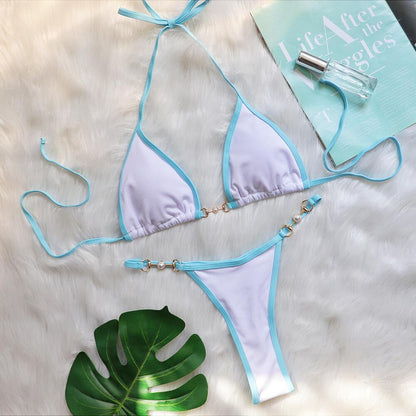 Sexy Bikini Patchwork Metal Accessories Pearl Women Split Swimsuit Vacation Swimsuit White