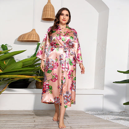 Plus Size Women Artificial Silk Satin Long Sleeved Pajamas Plump Girls Wearable Home Coral