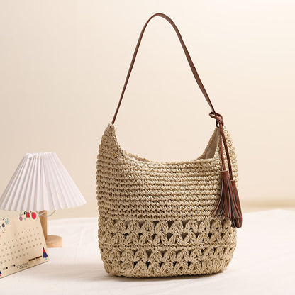 Hollow Out Cutout Straw Bag Tassel Straw Bag Woven Bag Seaside Vacation Beach Bag Casual Shoulder Bag One Size Peach Heart Tassel Rice