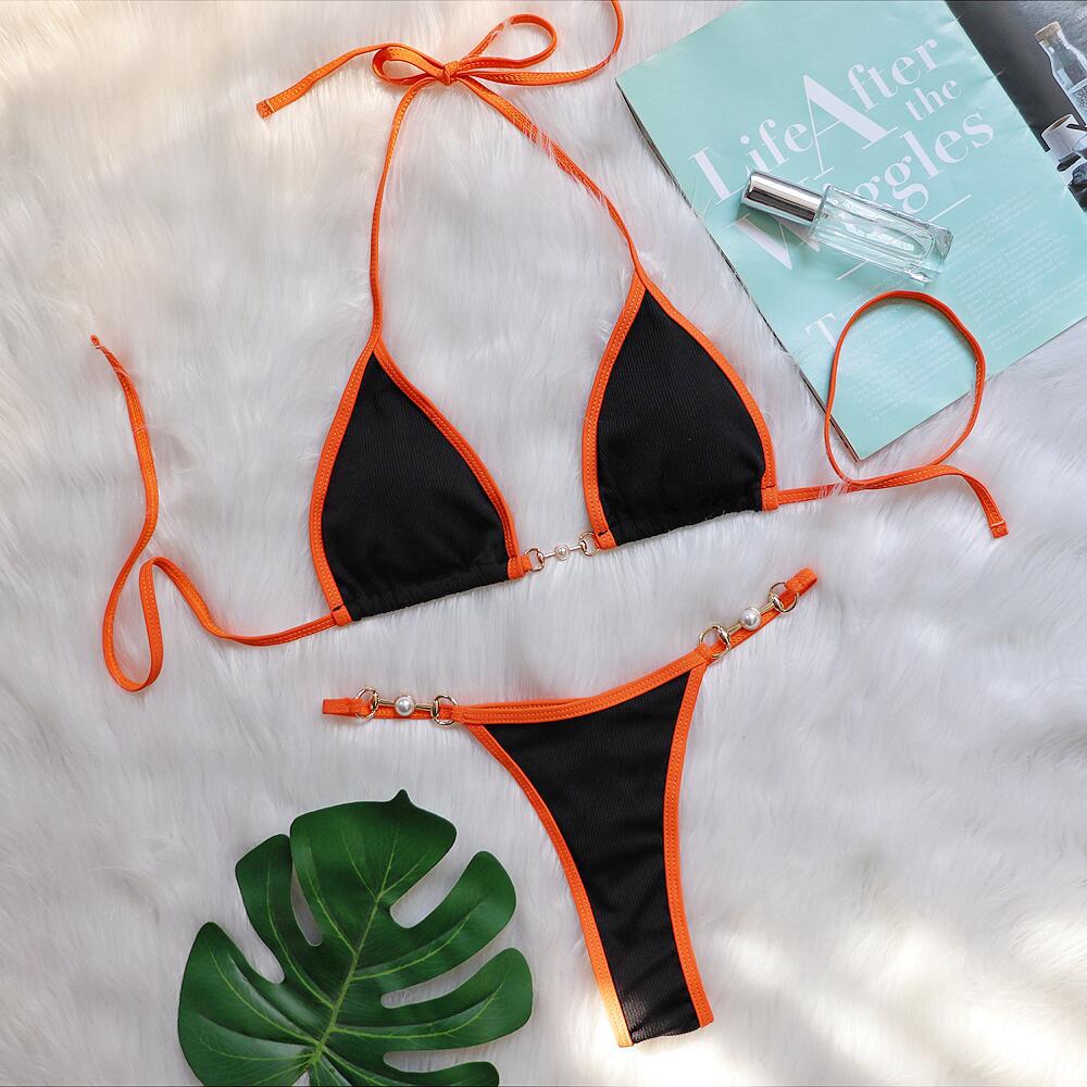 Sexy Bikini Patchwork Metal Accessories Pearl Women Split Swimsuit Vacation Swimsuit Black