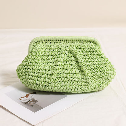 Crossbody Straw Bag Pleated Solid Color Straw Bag Woven Bag Vacation Beach Bag Women Bag One Size Clip Shell Green