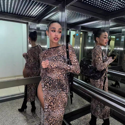 Women Clothing Round Neck Long Sleeve Mesh Floral Print Slit Dress Women Beach Vacation