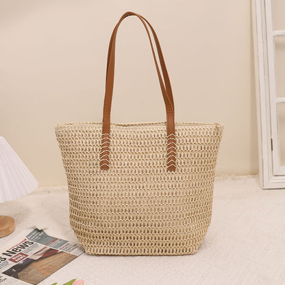 Simple Shoulder Large Capacity Straw Bag Women Summer Straw Bag Woven Bag Seaside Vacation Beach Bag Rattan Weave Bag One Size Straw Forest Piece Rice