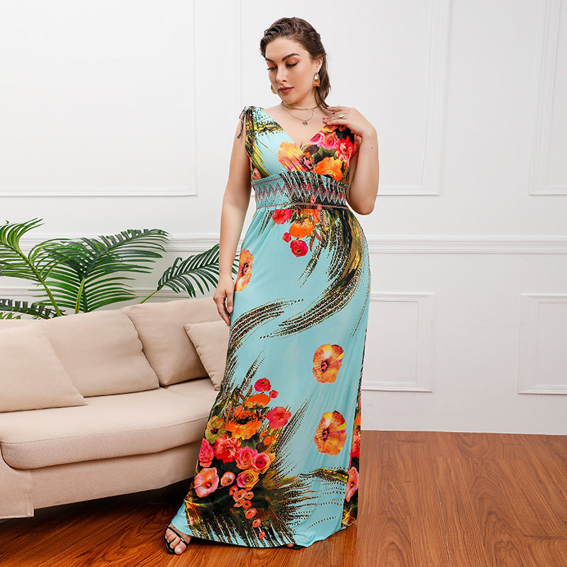 Plus Size Bohemian Ice Silk Printed Midi Dress Seaside Holiday Beach Dress V neck Dress Light Blue