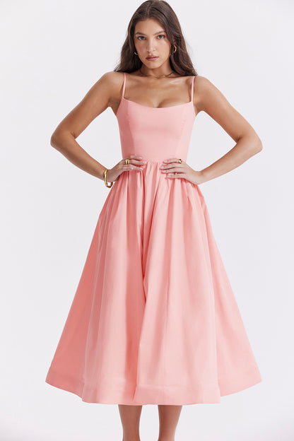 Women Clothing Solid Color Sexy Backless Spaghetti Straps Large Swing Dress Women Pink