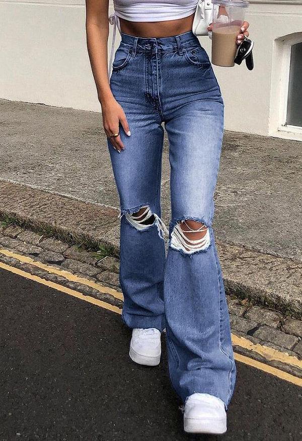 High Waist Retro Stretch Slim Knee Hole Bell Bottom Pants Navy Blue