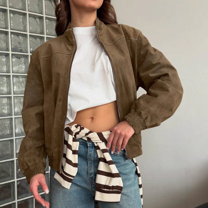 Women Jacket Retro Personality Street Khaki Suede Warm Jacket Autumn Winter