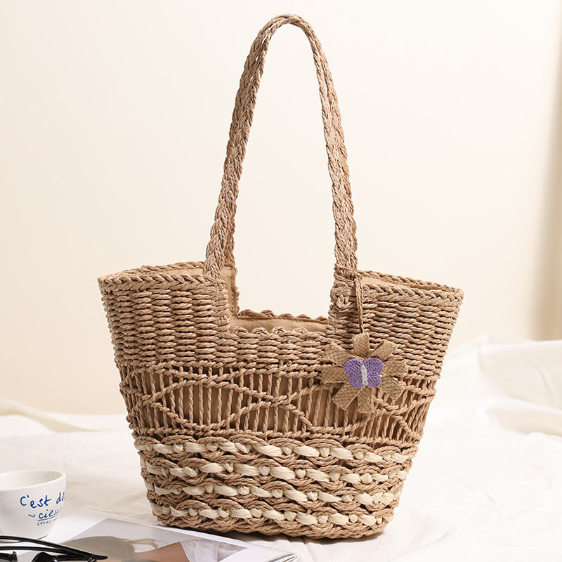 One Shoulder Hollow Out Cutout out Straw Bag Floral Contrast Color Woven Bag Vacation Beach Bag Women Bag One Size Concave Bag Small Flower Coffee