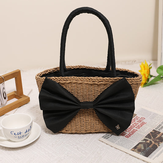 Mori Bow Straw Bag Portable Simplicity Hand Woven Bag Seaside Vacation Beach Bag Rattan Weave Bag