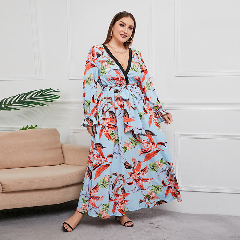 Plus Size Spring Autumn Waist-Controlled Large Hem Maxi Dress V-neck Plant Floral Print Maxi Dress Light Blue