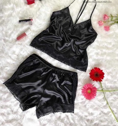 Women Sexy Underwear Imitation Silk Sling Princess Pajamas Sexy Supreme Seduction Two Piece Set Sexy Sleepwear Black