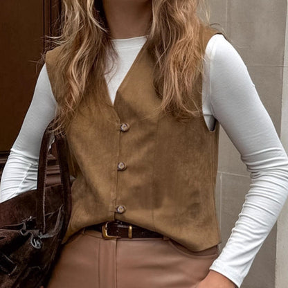 Autumn Women Clothing Coat Suede Matte Casual Short Retro British V neck Bandage Vest