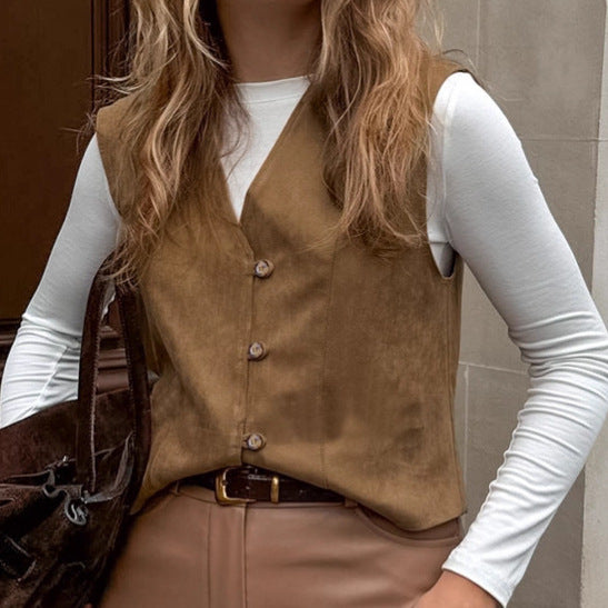 Autumn Women Clothing Coat Suede Matte Casual Short Retro British V neck Bandage Vest