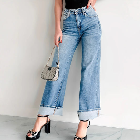 Women Straight Wide Leg Pants with Curling Denim Trousers