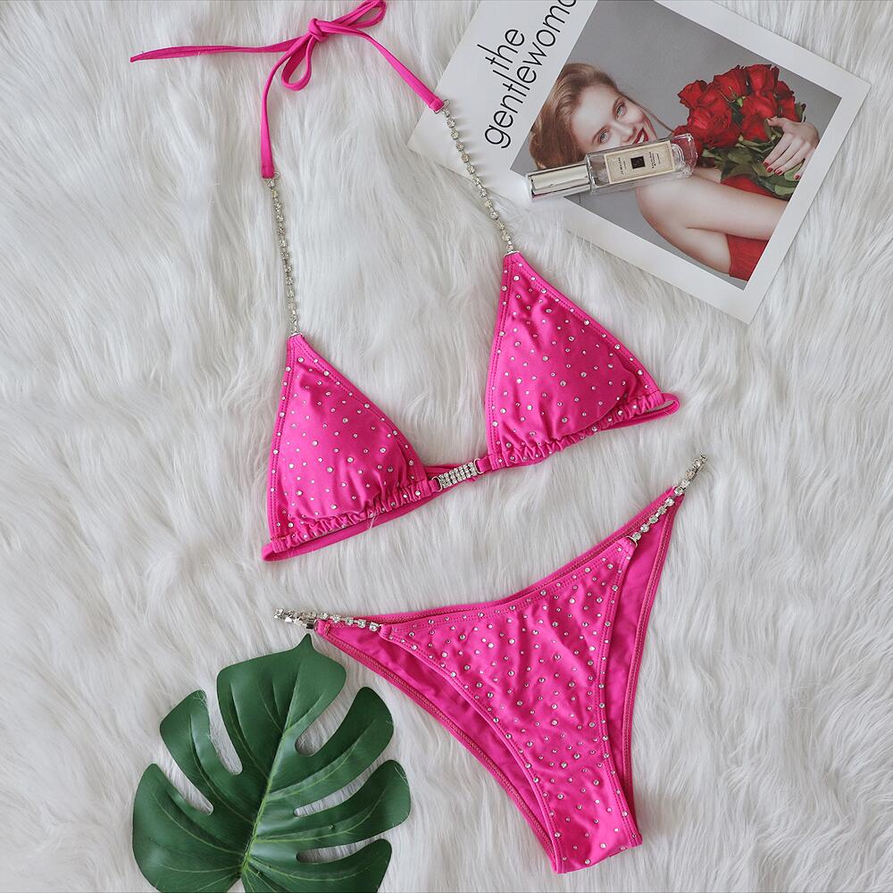 New Bikini Sexy Crystal Diamond Chain Split Women Swimsuit Solid Color Lace-up Bikini Coral Red