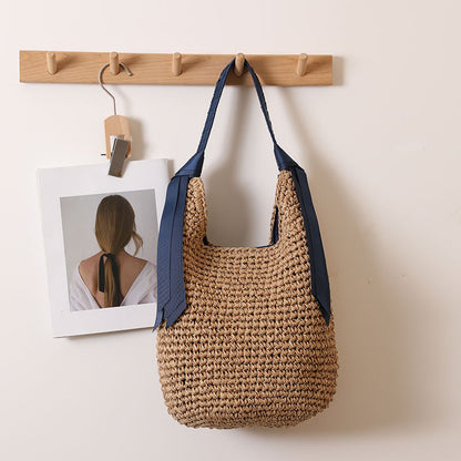 Ribbon Shoulder Straw Bag Large Capacity Solid Color Woven Bag Seaside Vacation Beach Bag Straw Bag One Size Ribbon Crochet Blue