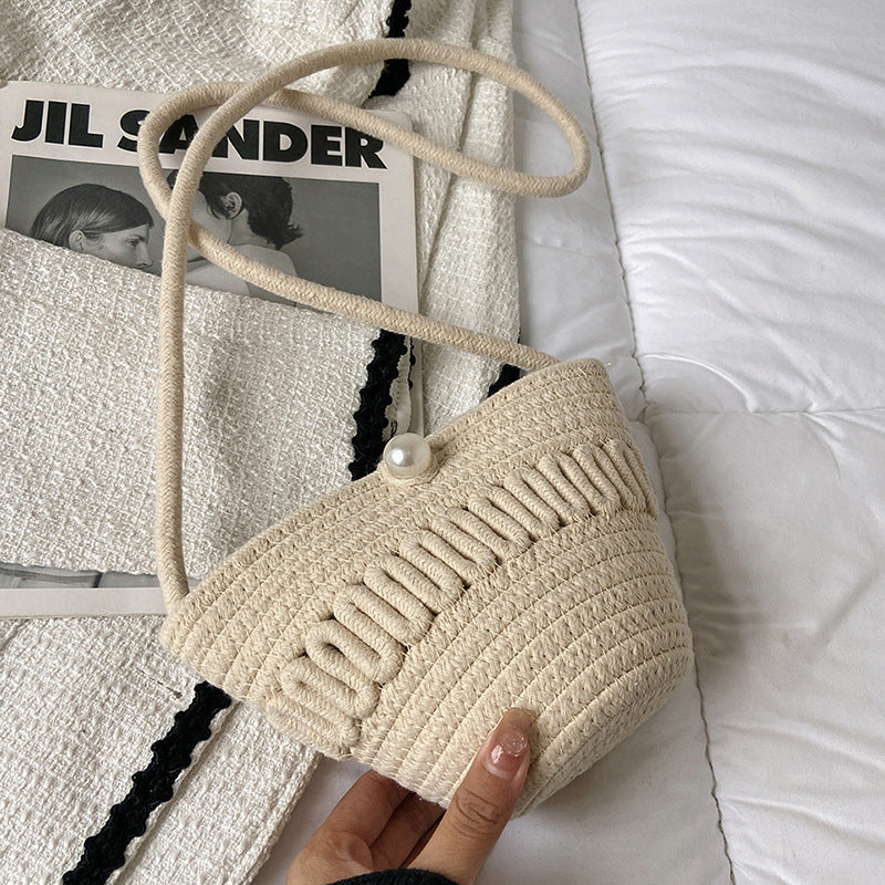 Crossbody Straw Bag Cotton Thread Woven Bag Mobile Phone Change Key Case Hollow Out Cutout Cotton Thread Woven Bag Casual Cute Women One Size Pearl Small Horn Beige