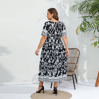 Plus Size Dress Elegant Graceful Elastic Waist V neck Dress