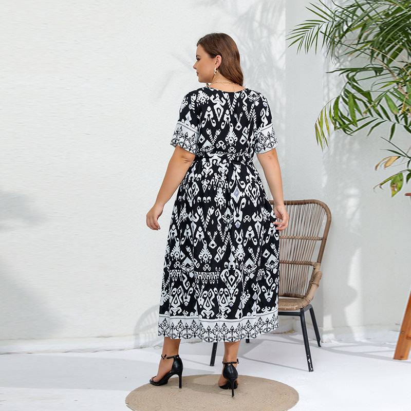 Plus Size Dress Elegant Graceful Elastic Waist V neck Dress
