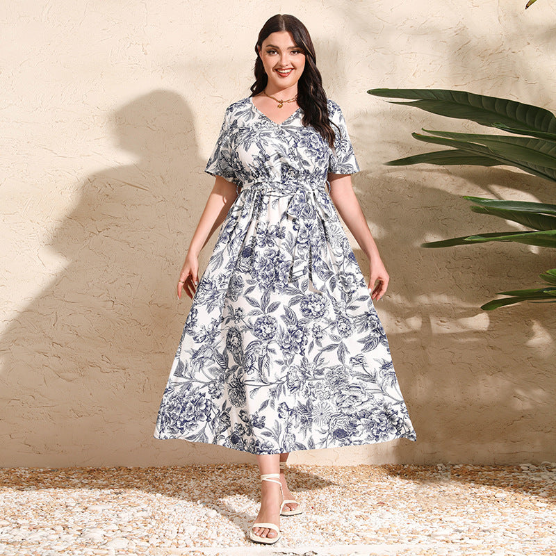Plus Size Dress Summer Art Painted Floral Elastic Waist Short Sleeve Dress White Drawing Flowers