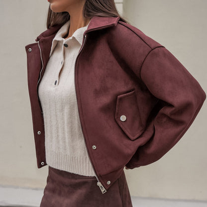 Fall Winter Niche Collared Long Sleeve Brown Atmosphere Suede Cardigan Coat Women Locomotive Leather Coat