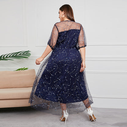 Plus Size New French Hepburn Dress Women Mesh Banquet Party Maxi Dress Prom Dresses