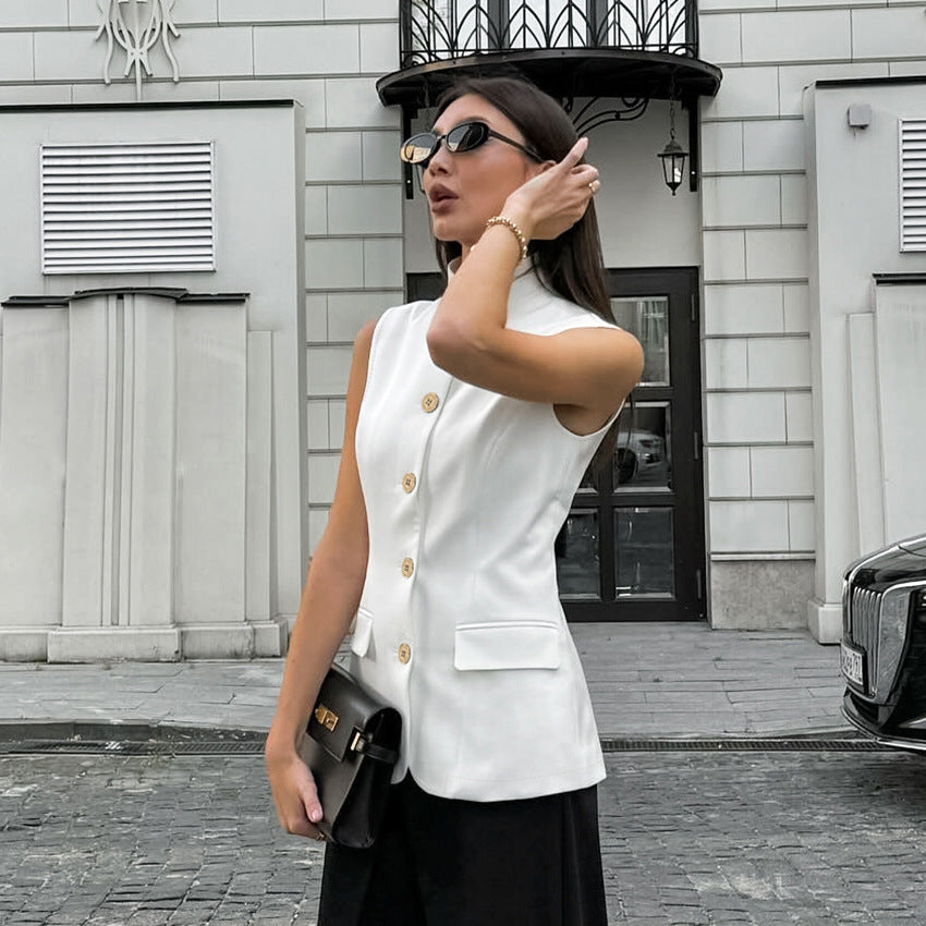 Fashionable Elegant Sleeveless Vest Top Spring Summer White Small Stand Collar Office Casual Shirt