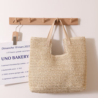 Shoulder Straw Bag Simple Large Capacity Portable Straw Bag Woven Bag Seaside Vacation Beach Bag Women Bag One Size Belt Concave Covered Rice