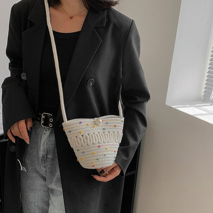 Crossbody Straw Bag Cotton Thread Woven Bag Mobile Phone Change Key Case Hollow Out Cutout Cotton Thread Woven Bag Casual Cute Women