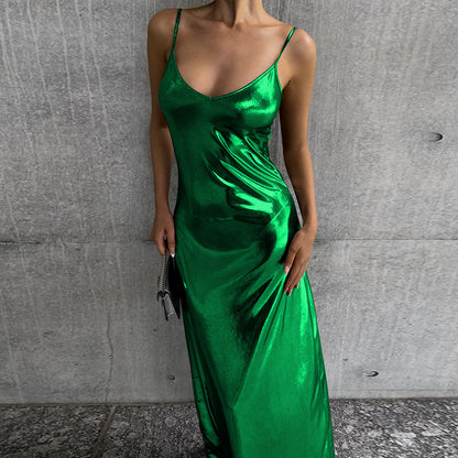 Autumn Metallic Sexy Sling A Swing Mid Length Women Dress Women Formal Dress