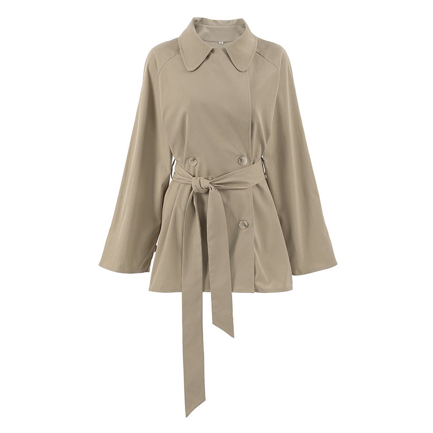 Trench Coat Women Mid Length Khaki Jacket Lace up Autumn Long Sleeve Coat