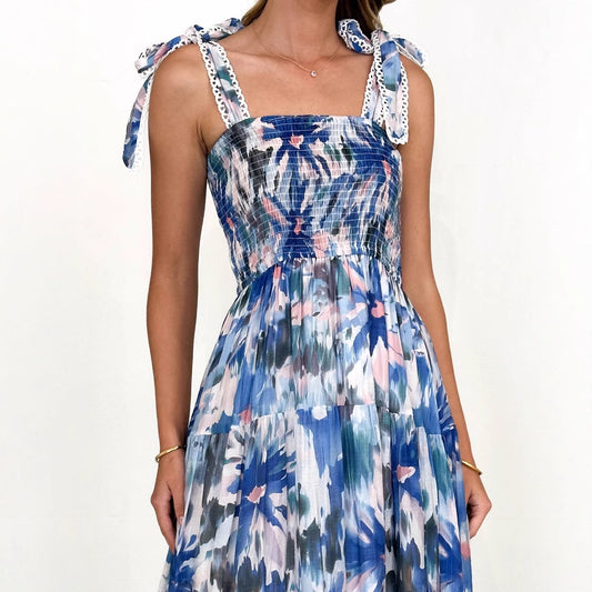 Spring Summer Floral Printed Sling Smocking Elastic Waist Knotted Shoulder Strap Large Swing Dress Long