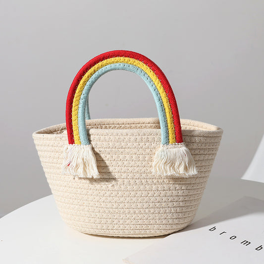 Cute Rainbow Clouds Handbag Handmade Cotton Thread Woven Bag Seaside Vacation Beach Bag Straw Bag