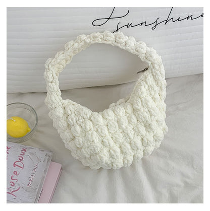 Cute Portable Beanie Straw Bag Handmade Crocheted Solid Color Hand Carrying Woven Bag Women Seaside Vacation Beach Bag One Size Color Doudou Bag White